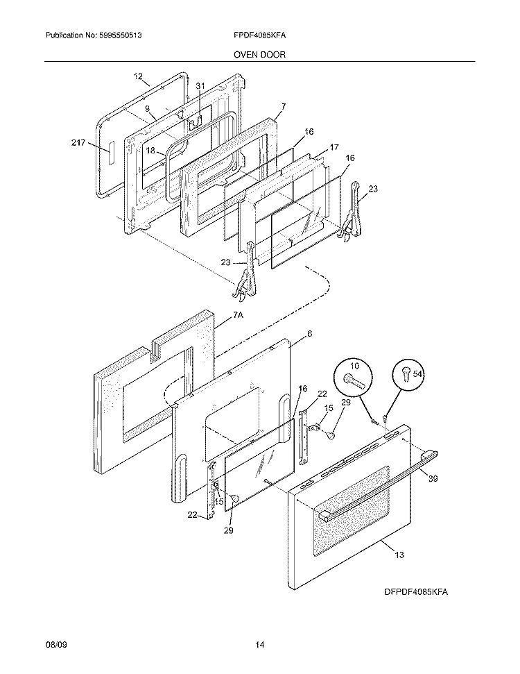 OVEN DOOR Diagram and Parts List for FPDF4085KFA  Frigidaire Range