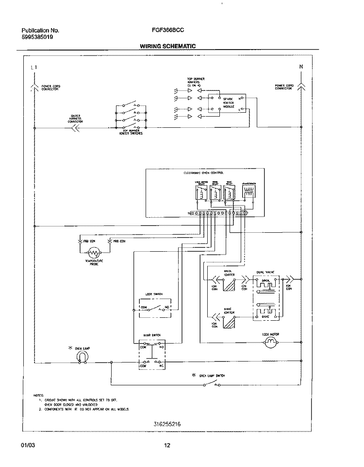 WIRING SCHEMATIC Diagram and Parts List for FGF366BCC  Frigidaire Range