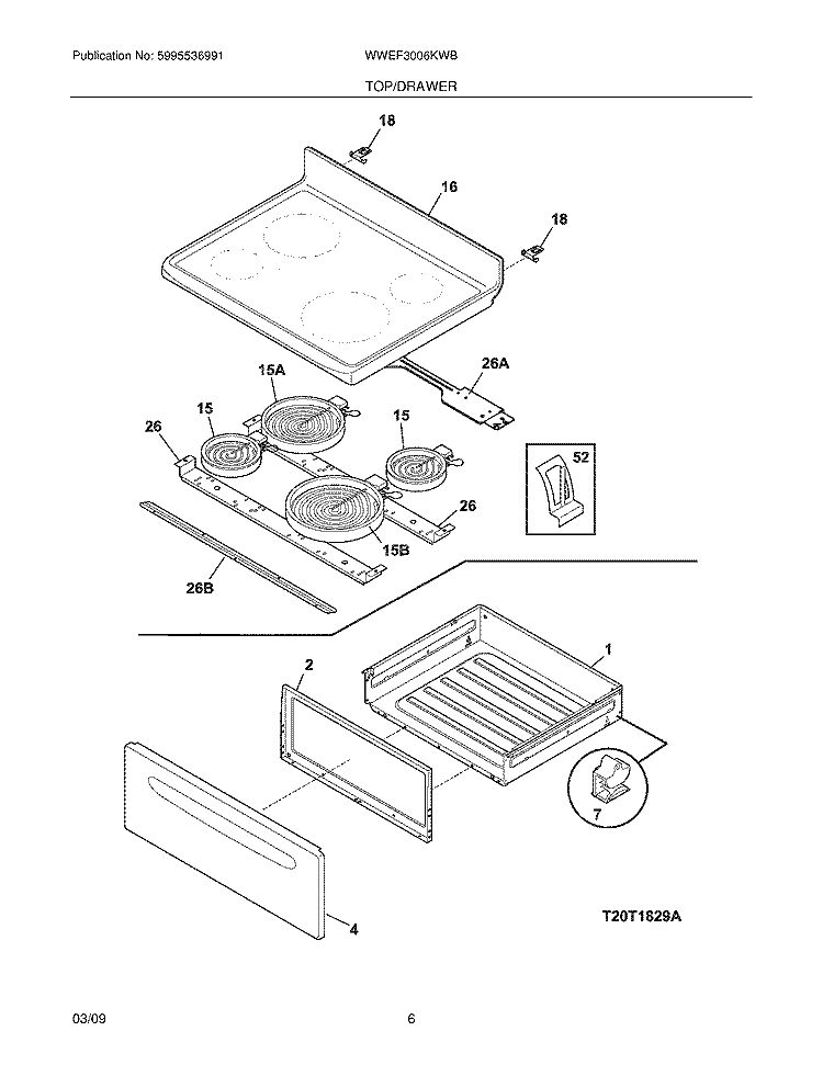 TOP/DRAWER Diagram and Parts List for WWEF3006KWB  Westinghouse Range