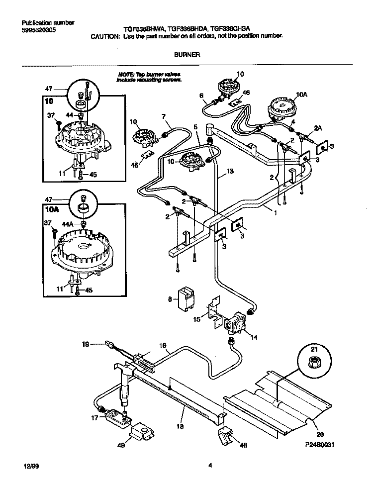 BURNER Diagram and Parts List for TGF336CHSA  Tappan Range