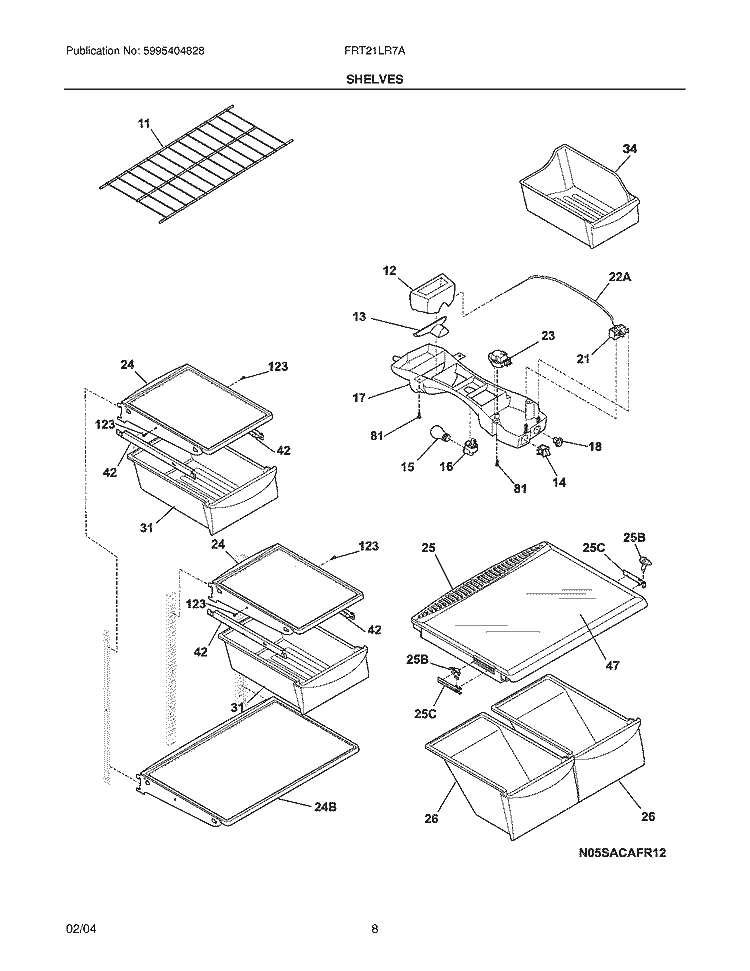 SHELVES Diagram and Parts List for FRT21LR7AQ9  Frigidaire Refrigerator