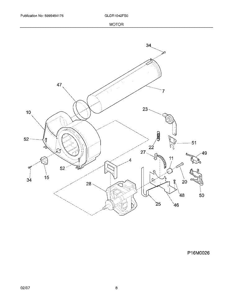 MOTOR Diagram and Parts List for GLGR1042FS0  Frigidaire Dryer