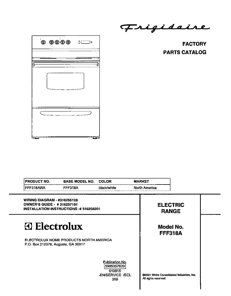COVER Diagram and Parts List for FFF318AWA  Frigidaire Range