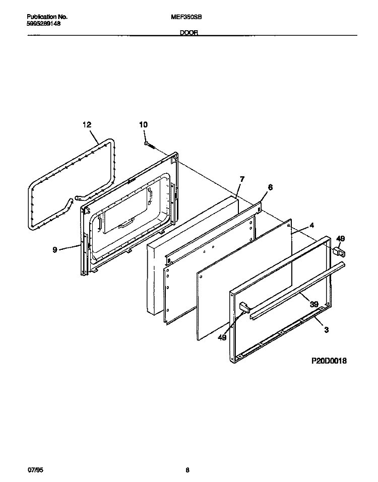 DOOR Diagram and Parts List for MEF350SBDB  Frigidaire Range