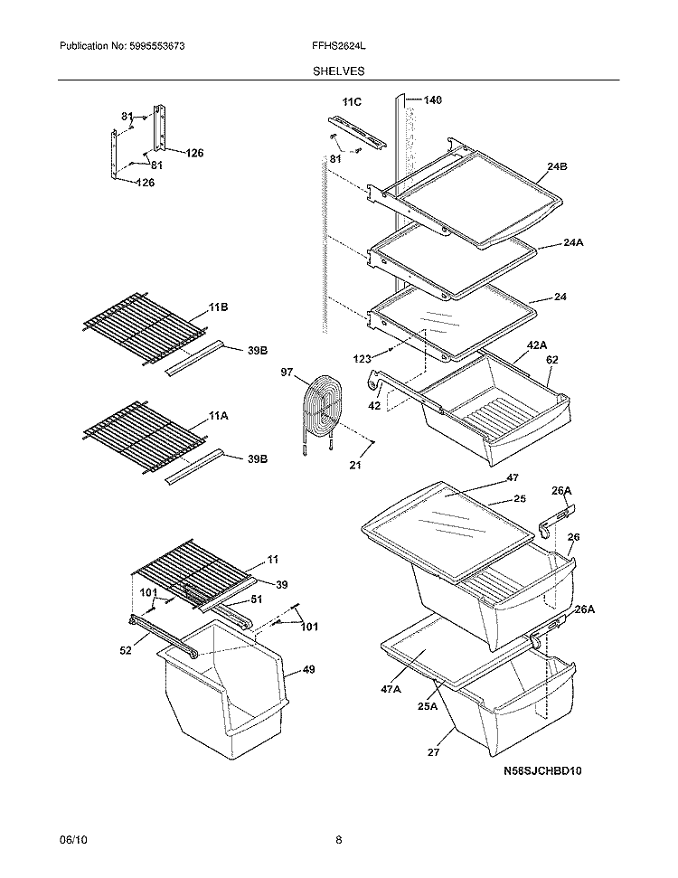 SHELVES Diagram and Parts List for FFHS2624LP0  Frigidaire Refrigerator