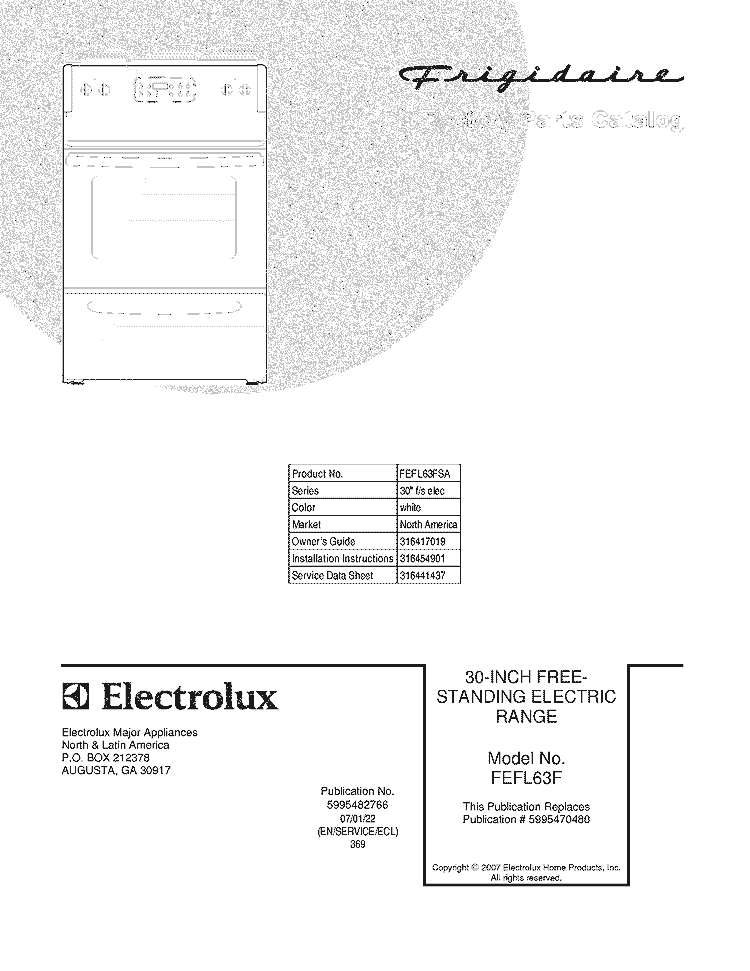 COVER Diagram and Parts List for FEFL63FSA  Frigidaire Range