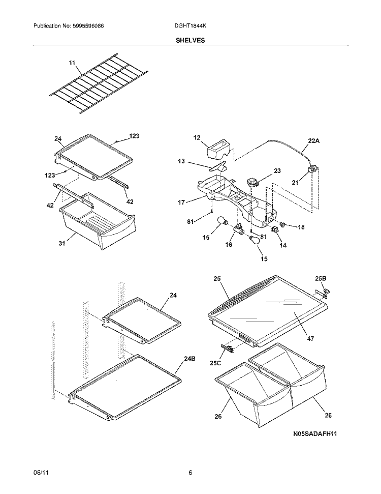 SHELVES Diagram and Parts List for DGHT1844KR5  Frigidaire Refrigerator