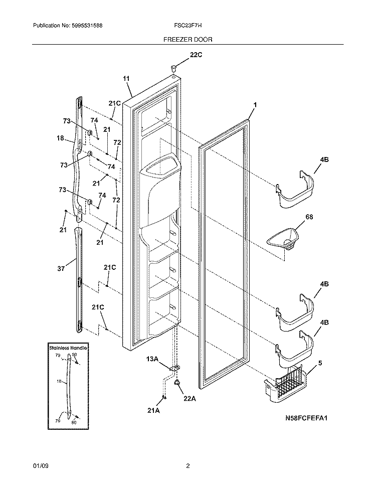 FREEZER DOOR Diagram and Parts List for FSC23F7HW9  Frigidaire Refrigerator