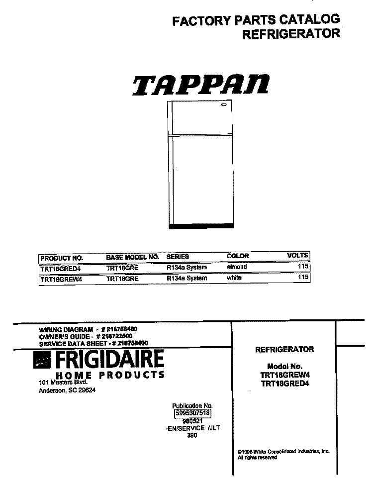 COVER Diagram and Parts List for TRT18GREW4  Tappan Refrigerator