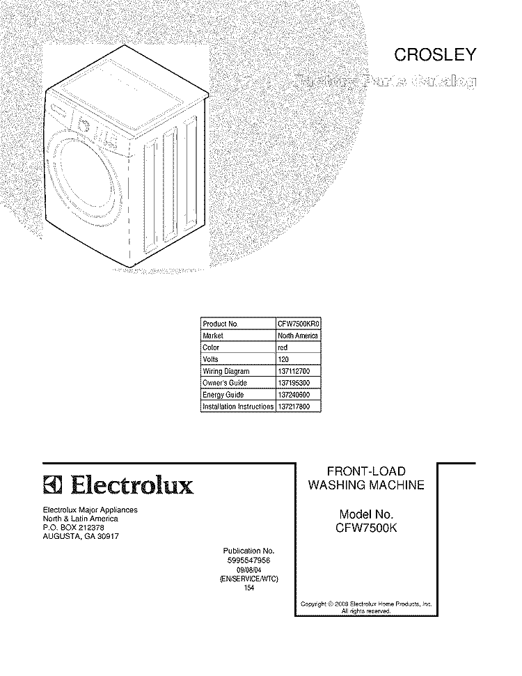 COVER Diagram and Parts List for CFW7500KR0  Crosley Washer