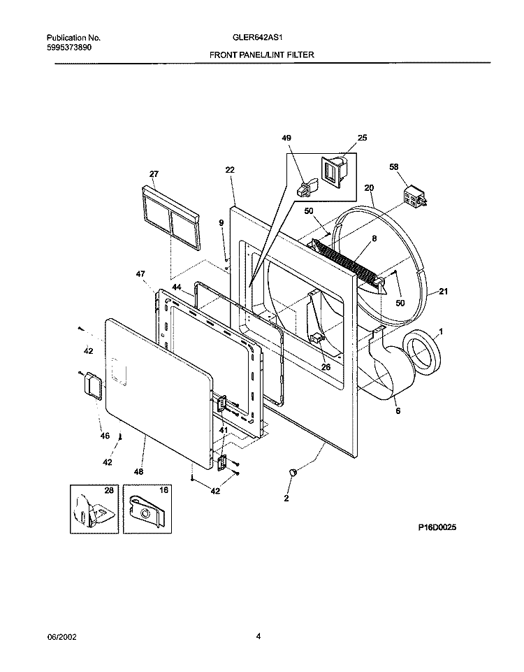 FRNT PNL, DOOR Diagram and Parts List for GLER642AS1  Frigidaire Dryer