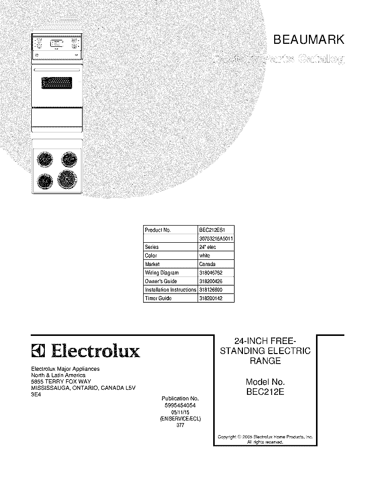 COVER Diagram and Parts List for BEC212ES1  Crosley Range