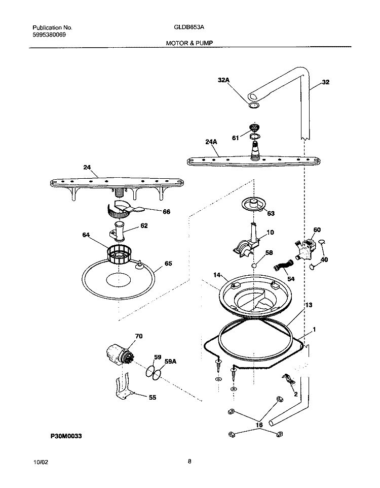 MOTOR & PUMP Diagram and Parts List for GLDB653AS2  Frigidaire Dishwasher