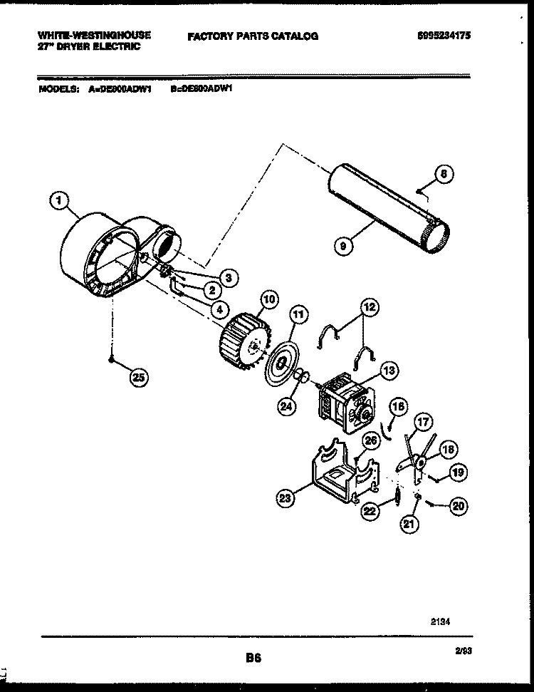 BLOWER AND DRIVE PARTS Diagram and Parts List for DE800ADD1  Frigidaire Dryer