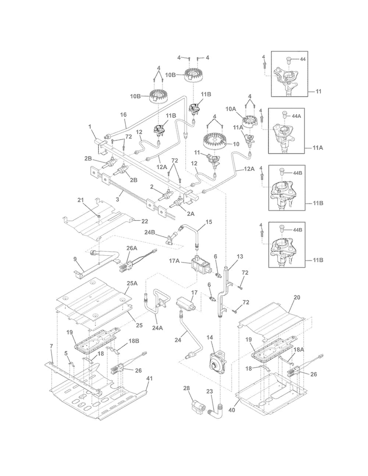 Burner Diagram and Parts List for FGGF301DNFA  Frigidaire Range