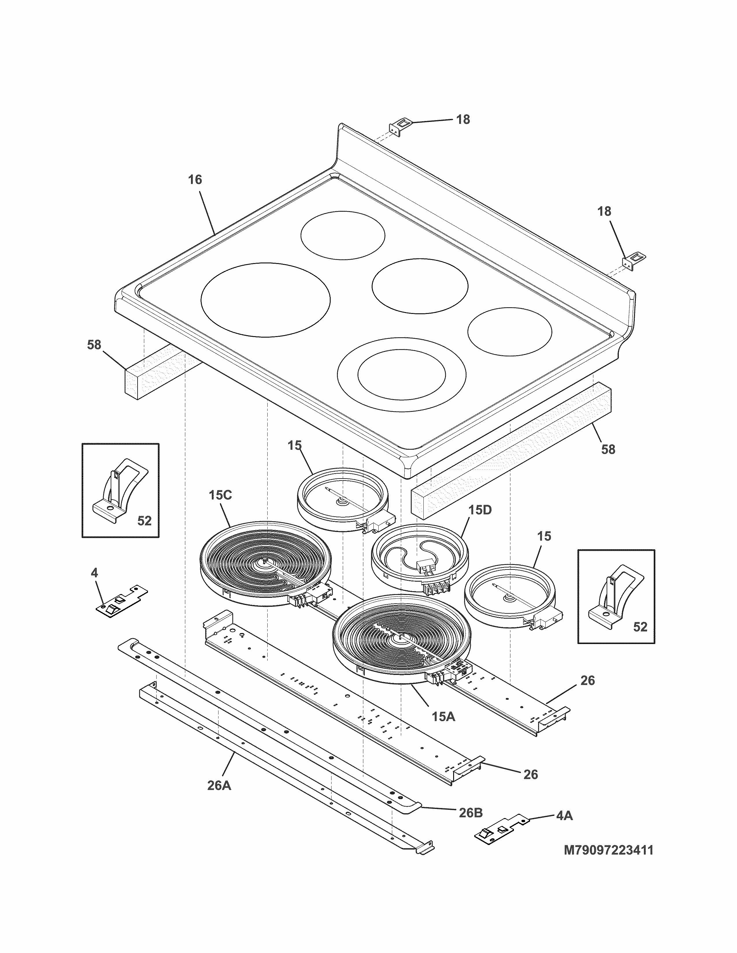 Main Top Diagram and Parts List for 79097223411  Kenmore Range