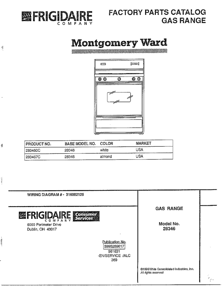Gas Range Front Cover Diagram and Parts List for 283460C  Frigidaire Range