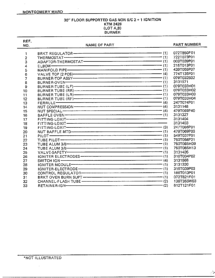 Burner Page 2 Diagram and Parts List for 2428B  Frigidaire Range