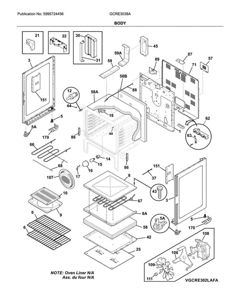 Body Diagram and Parts List for GCRE3038AFD  Frigidaire Range
