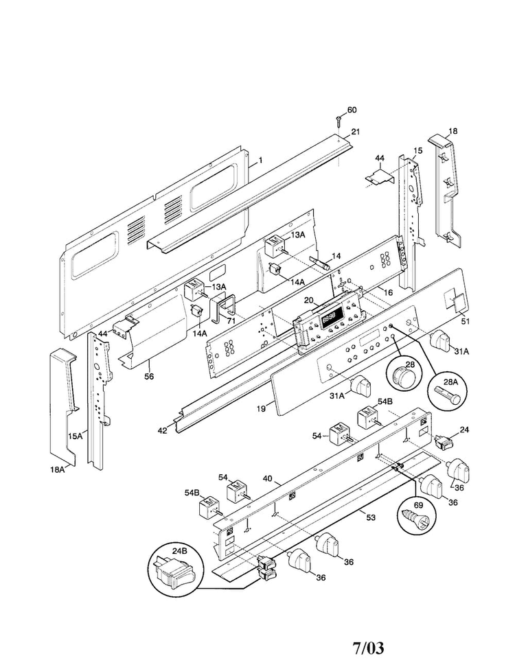 Backguard Diagram and Parts List for FEF389WJCA  Frigidaire Range