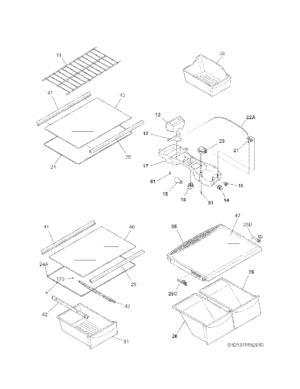 Shelves Diagram and Parts List for 25378893016  Kenmore Refrigerator
