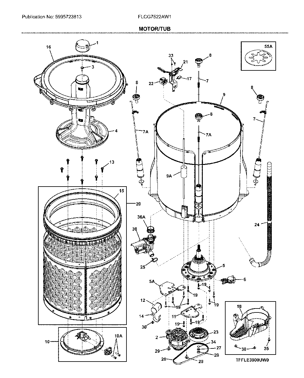 Motor/tub Diagram and Parts List for FLCG7522AW1  Frigidaire Washer Dryer Combo