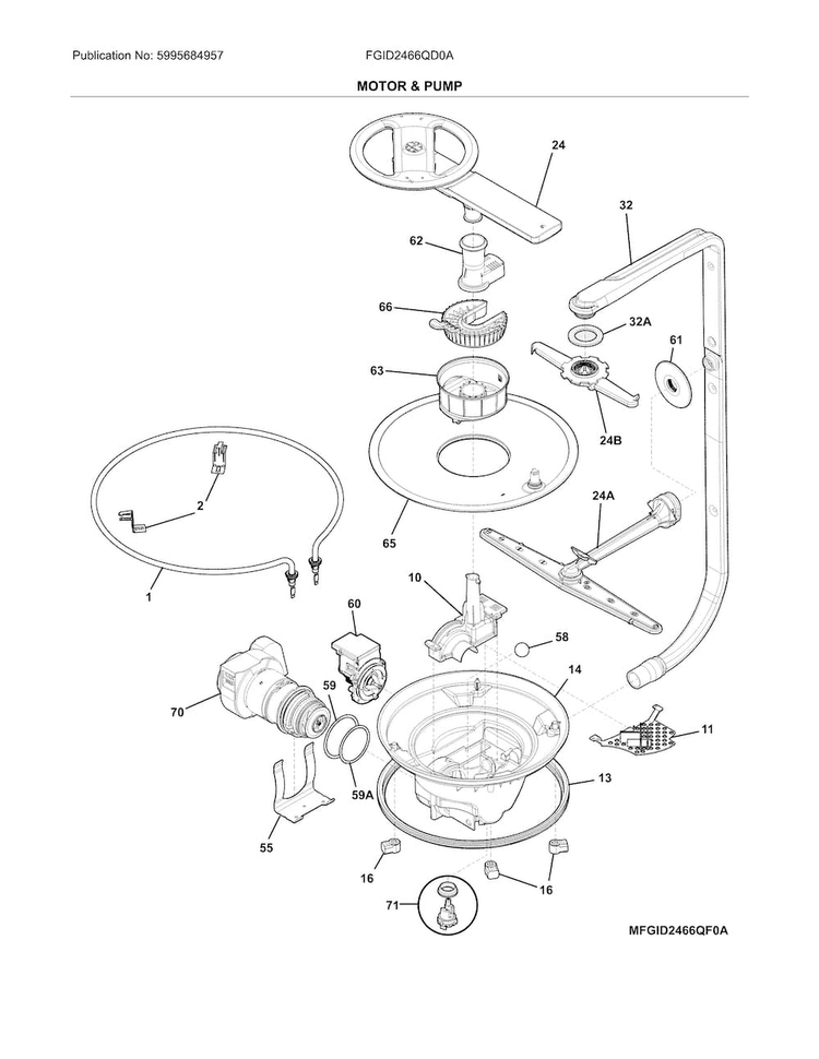 Motor & Pump Diagram and Parts List for FGID2466QD0A  Frigidaire Dishwasher