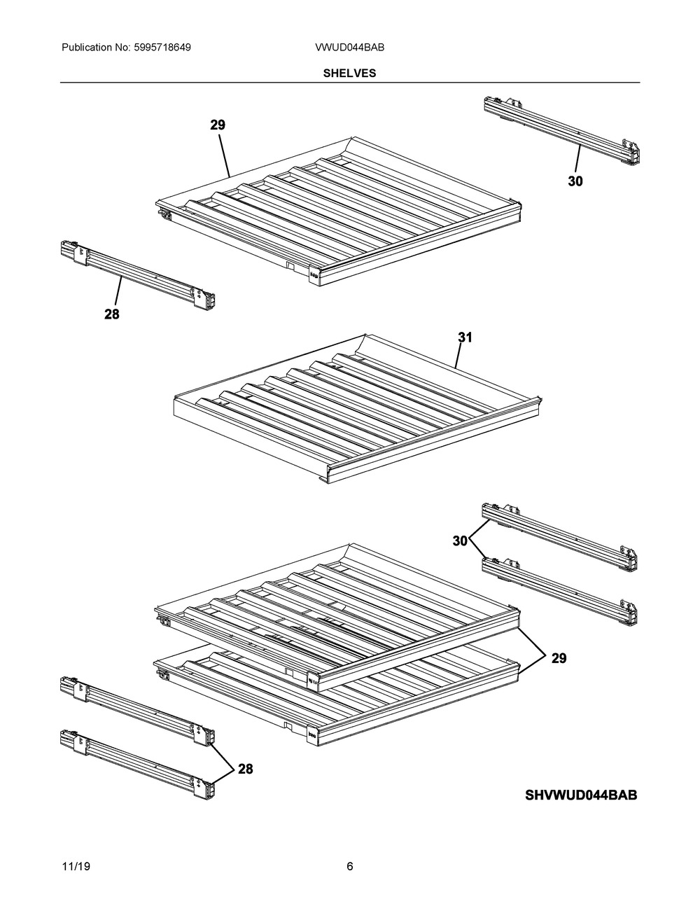 Shelves Diagram and Parts List for VWUD044BAB  Frigidaire Wine and Beverage Cooler