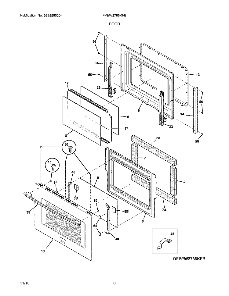 DOOR Diagram and Parts List for FPEW2785KFB  Frigidaire Wall Oven