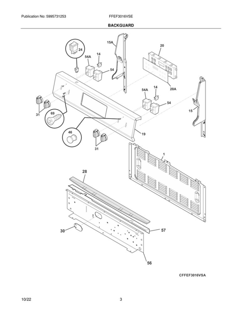Backguard Diagram and Parts List for FFEF3016VSE  Frigidaire Range