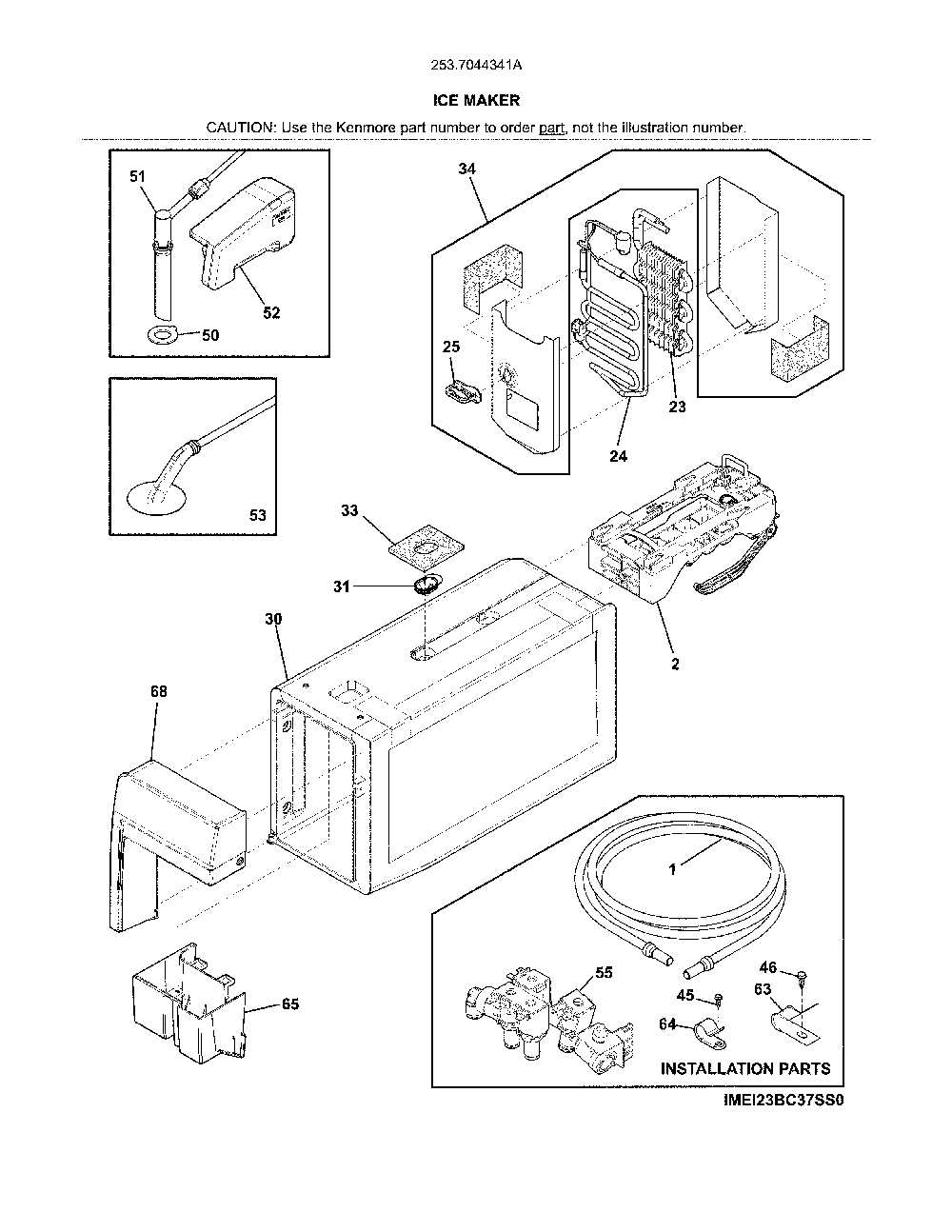 Ice maker Diagram and Parts List for 2537044341A  Kenmore Refrigerator