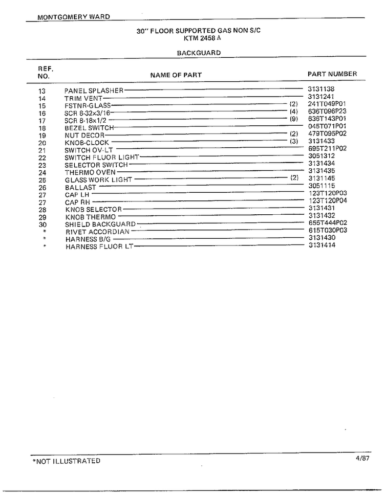 30" Floor/backguard Page 2 Diagram and Parts List for 2458A  Frigidaire Range