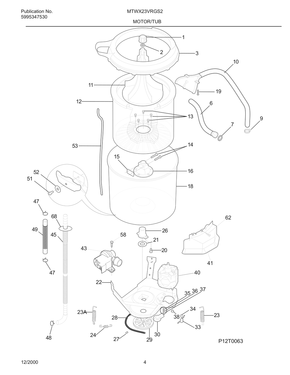 Motor/Tub Diagram and Parts List for MTWX23VRGS2  Frigidaire Washer