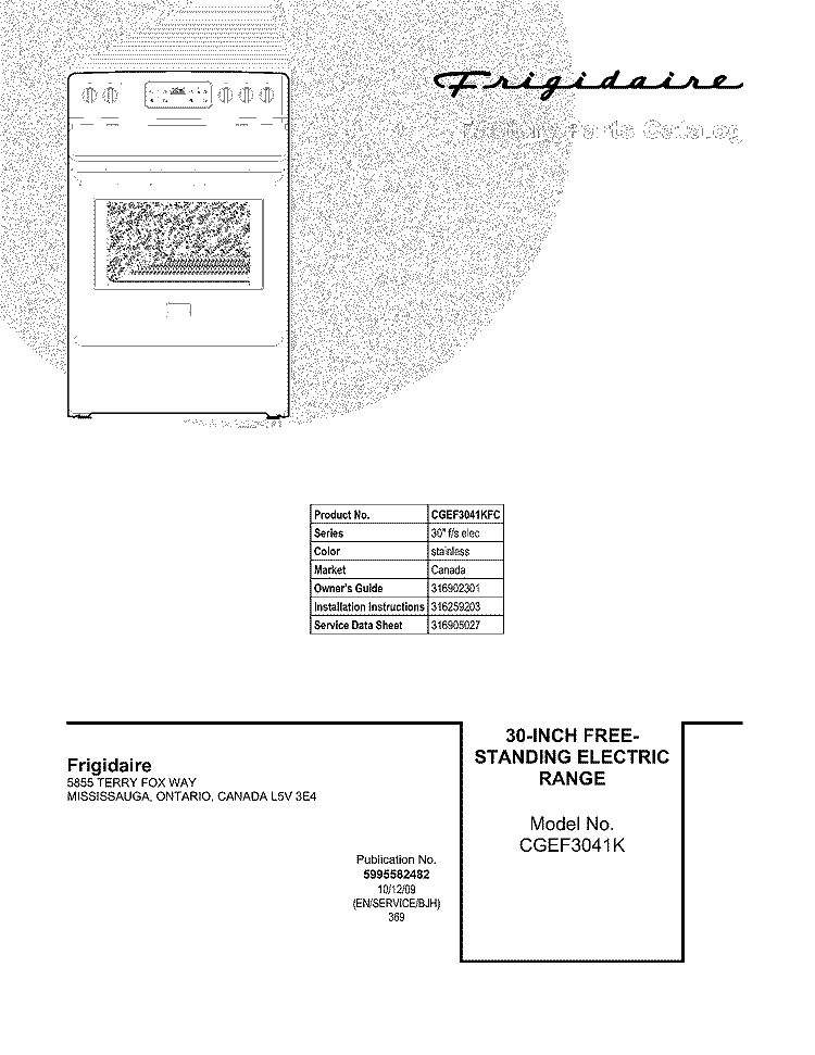 COVER Diagram and Parts List for CGEF3041KFC  Frigidaire Range