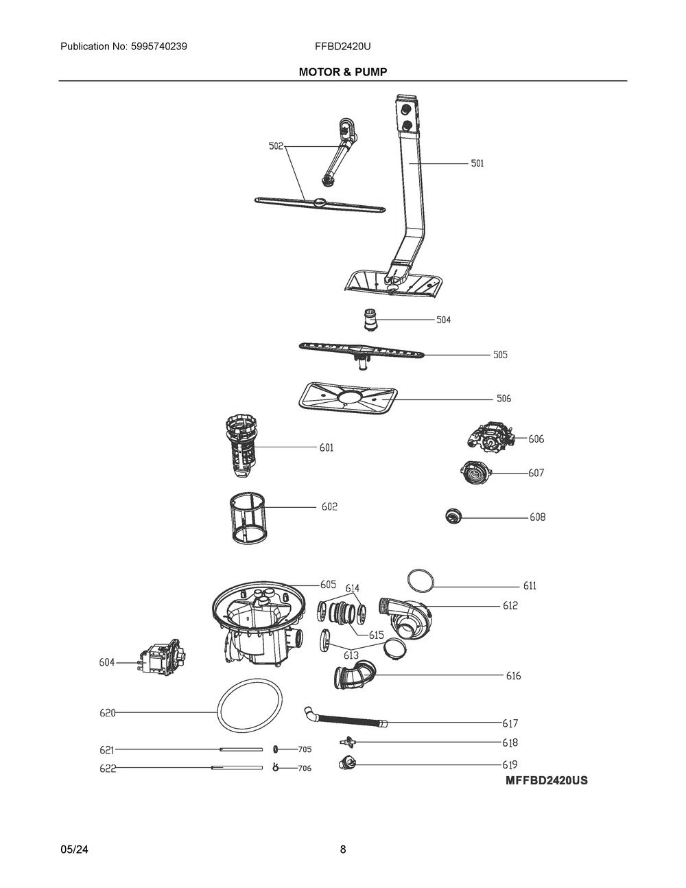 Motor And Pump Diagram and Parts List for FFBD2420US0A  Frigidaire Dishwasher