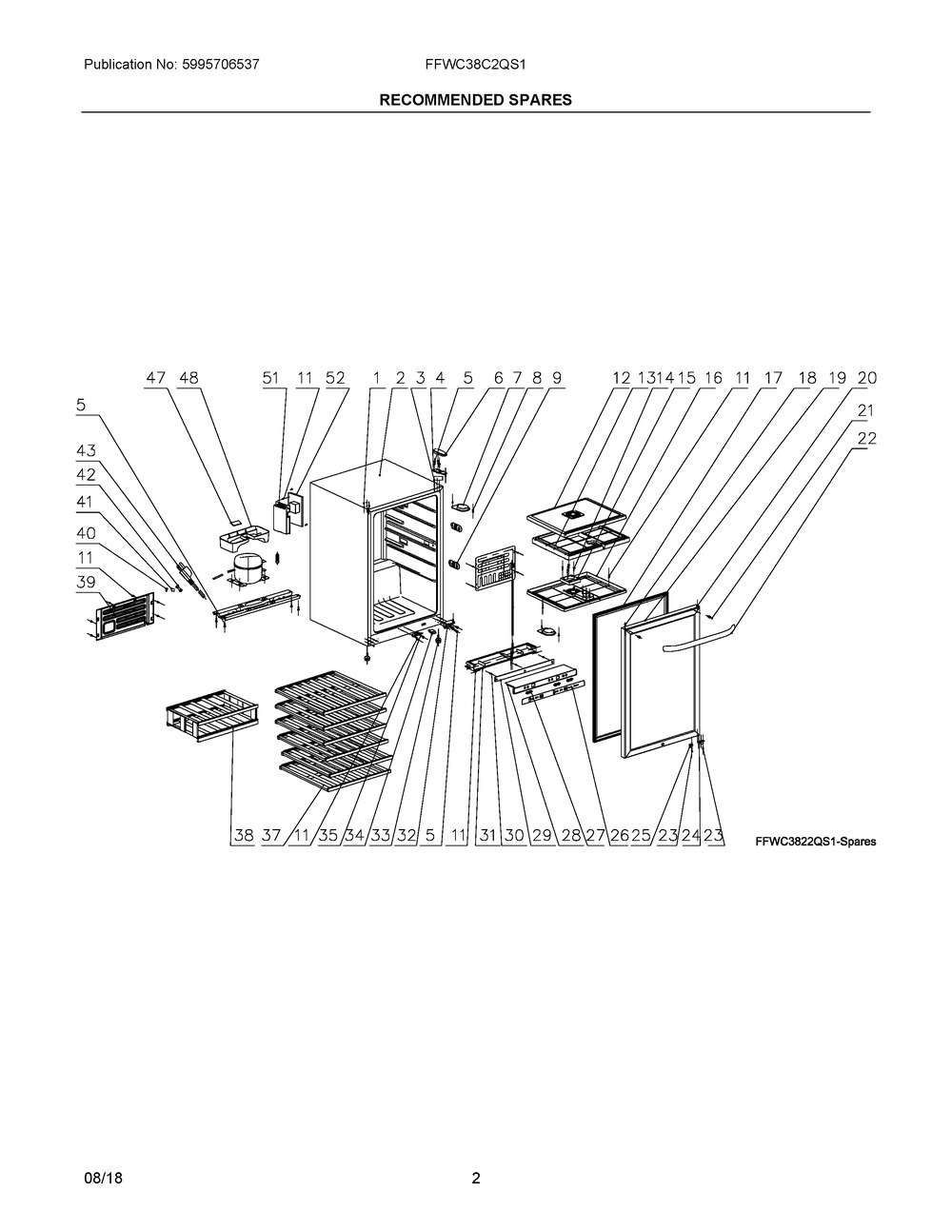 Recommended Spares Diagram and Parts List for FFWC38C2QS1  Frigidaire Wine and Beverage Cooler