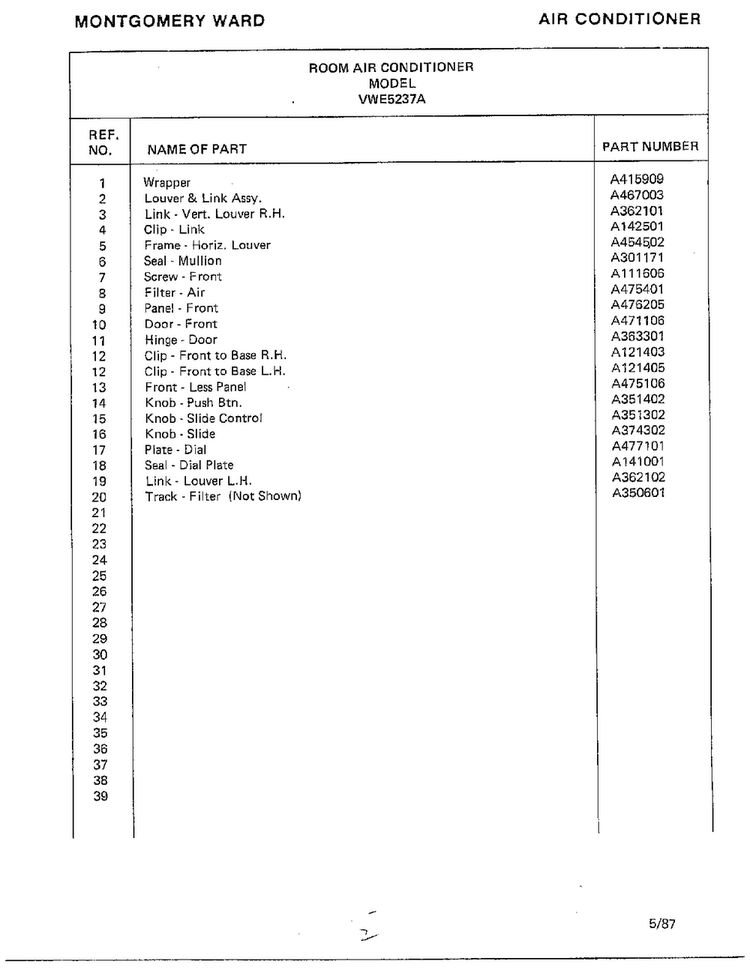 Room Air Conditioner Page 2 Diagram and Parts List for 5237A  Frigidaire Air Conditioner