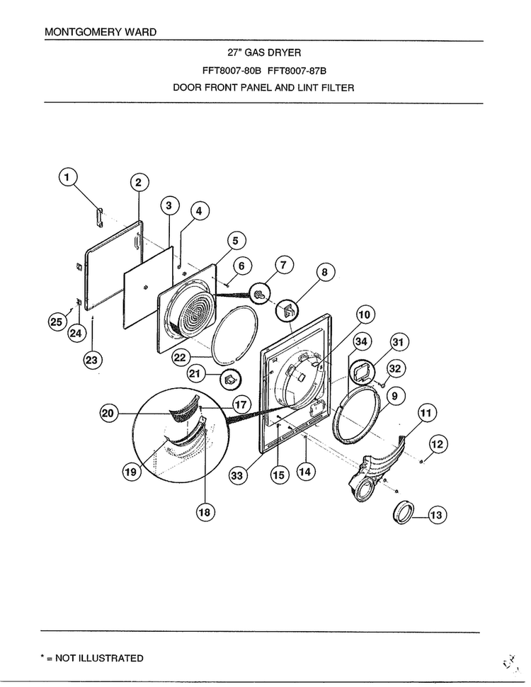 Gas Dryer/door Front Panel And Lint Filter Diagram and Parts List for 8007B  Frigidaire Dryer