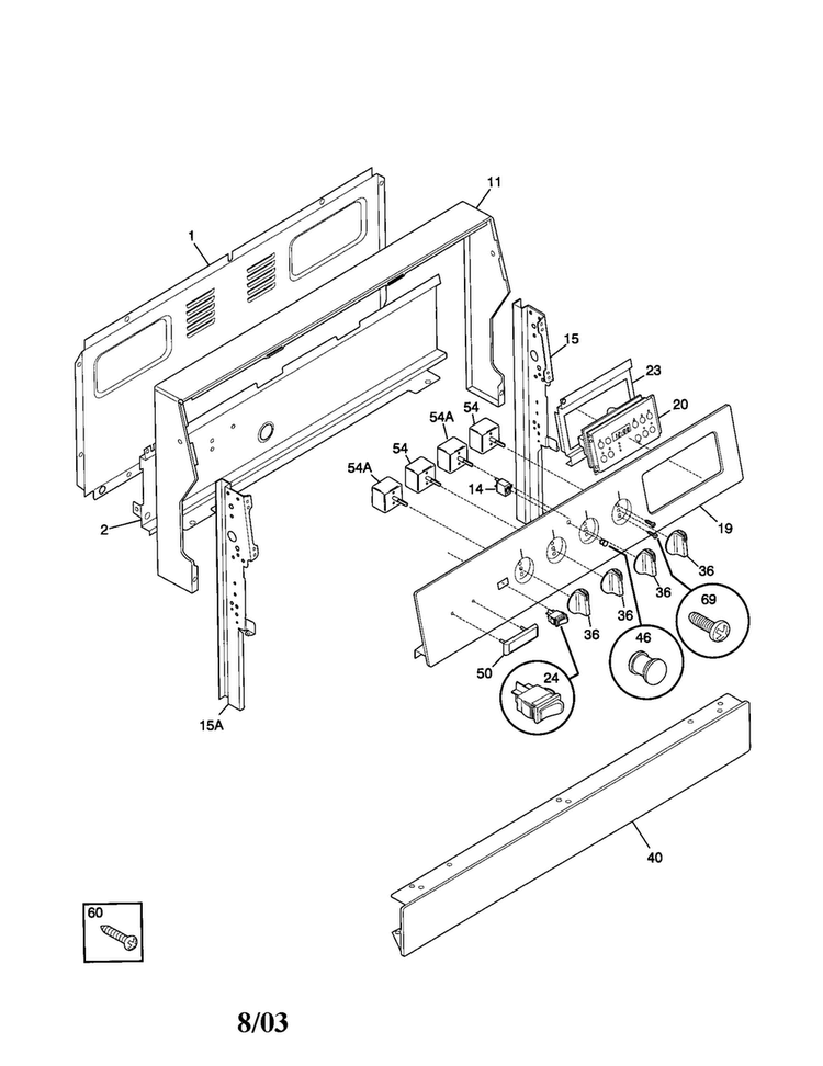 Backguard Diagram and Parts List for GEF365BHSA  Frigidaire Range