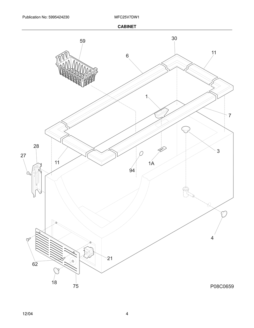Cabinet Diagram and Parts List for MFC25V7DW1  Frigidaire Freezer