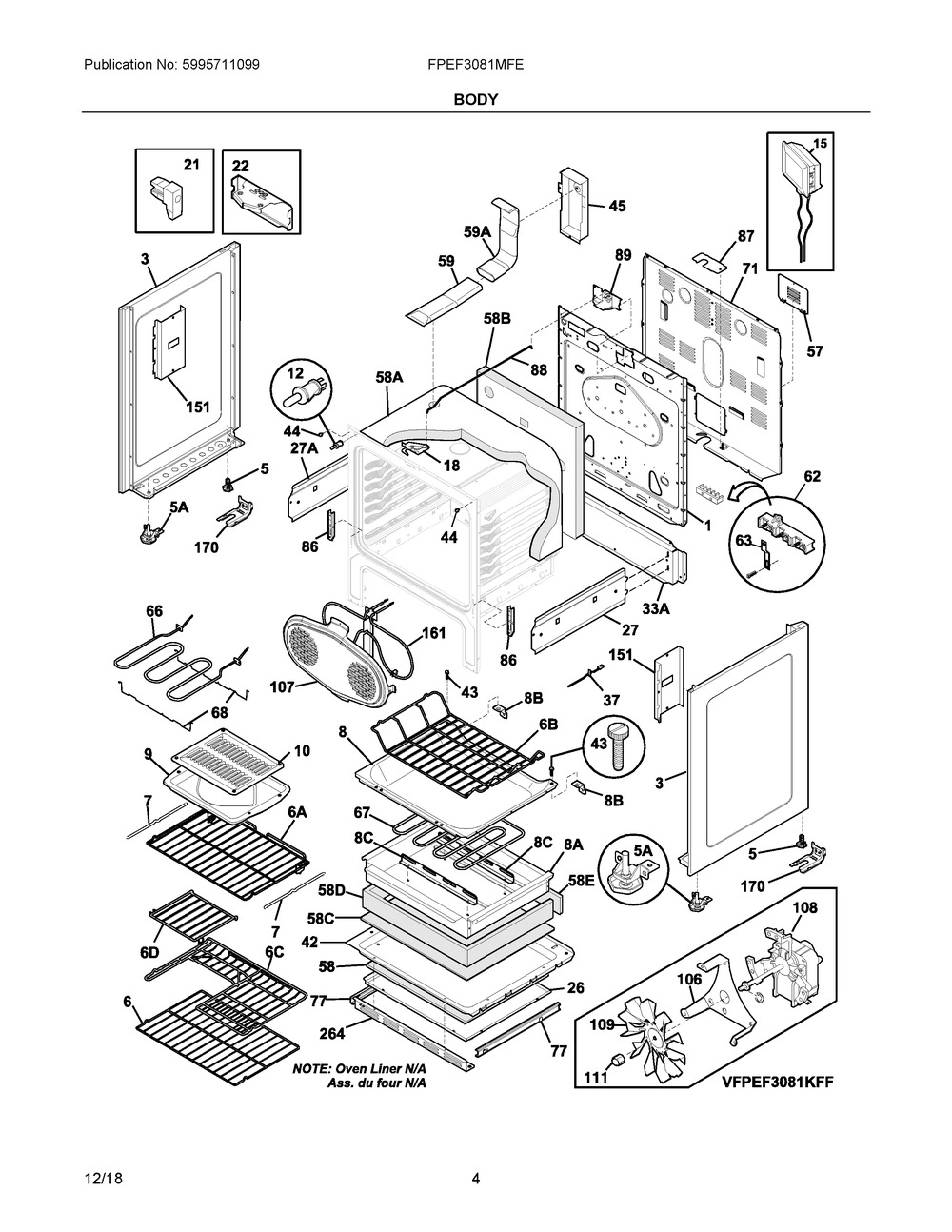 Body Diagram and Parts List for FPEF3081MFE  Frigidaire Range