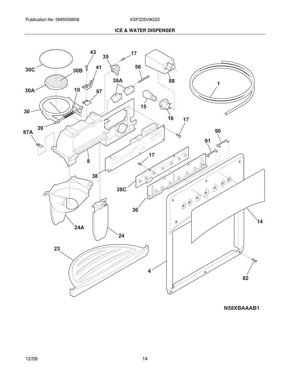 Ice And Water Dispenser Diagram and Parts List for KSPZ25V9GS3  Frigidaire Refrigerator