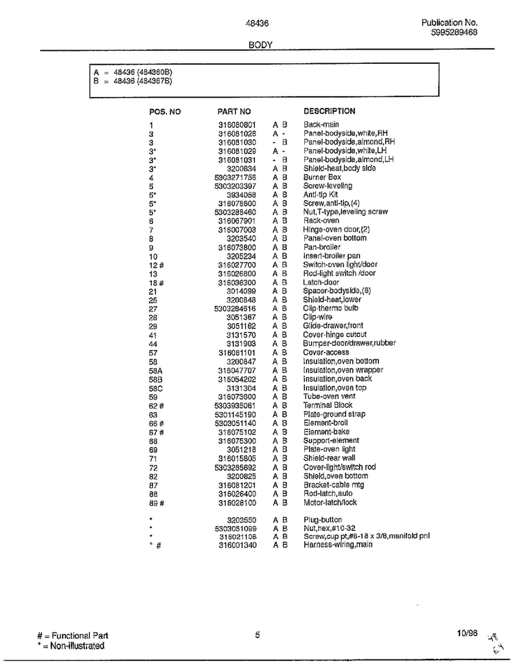 Body Page 2 Diagram and Parts List for 484360B  Frigidaire Range