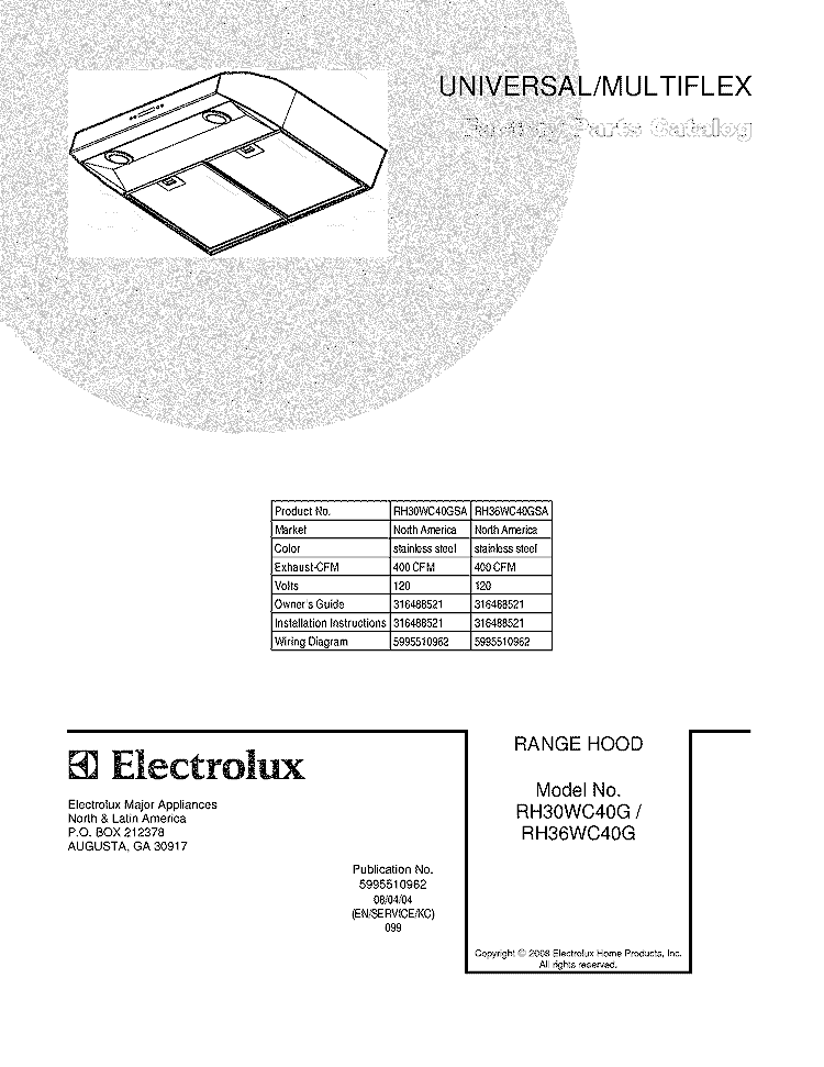 COVER Diagram and Parts List for RH30WC40GSA  Electrolux Range Hood