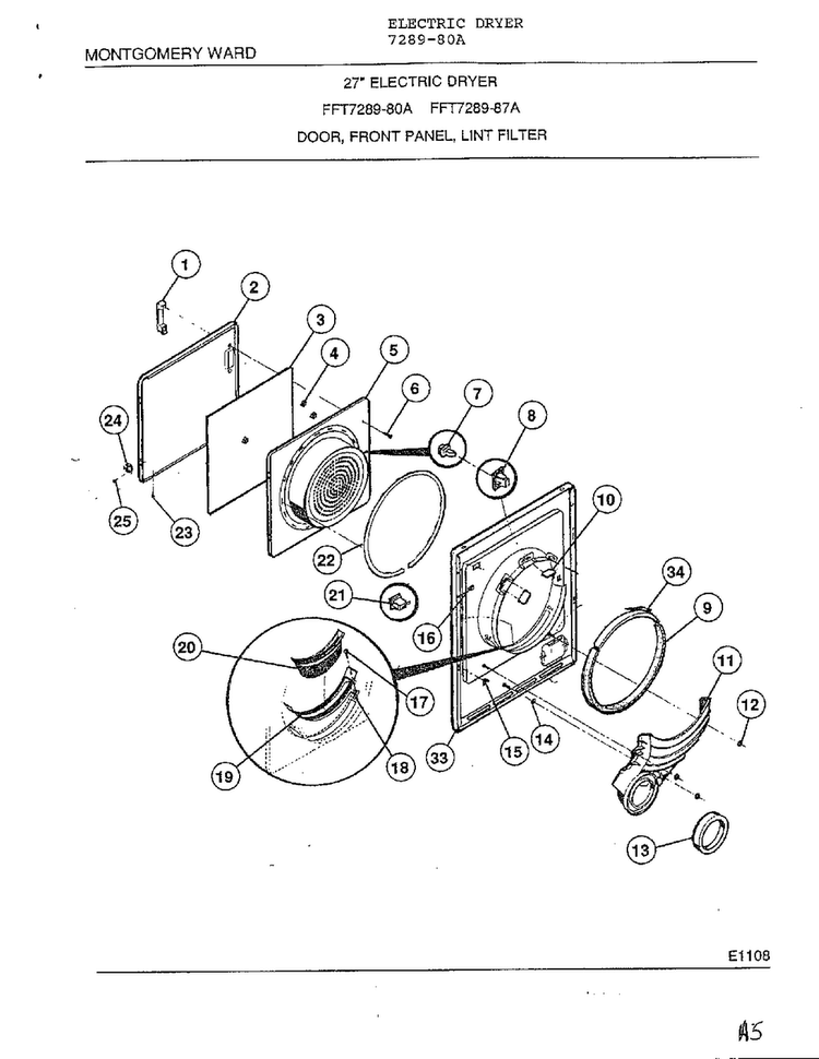 Door, Front Panel, Lint Filter Diagram and Parts List for 7289-80A  Frigidaire Dryer