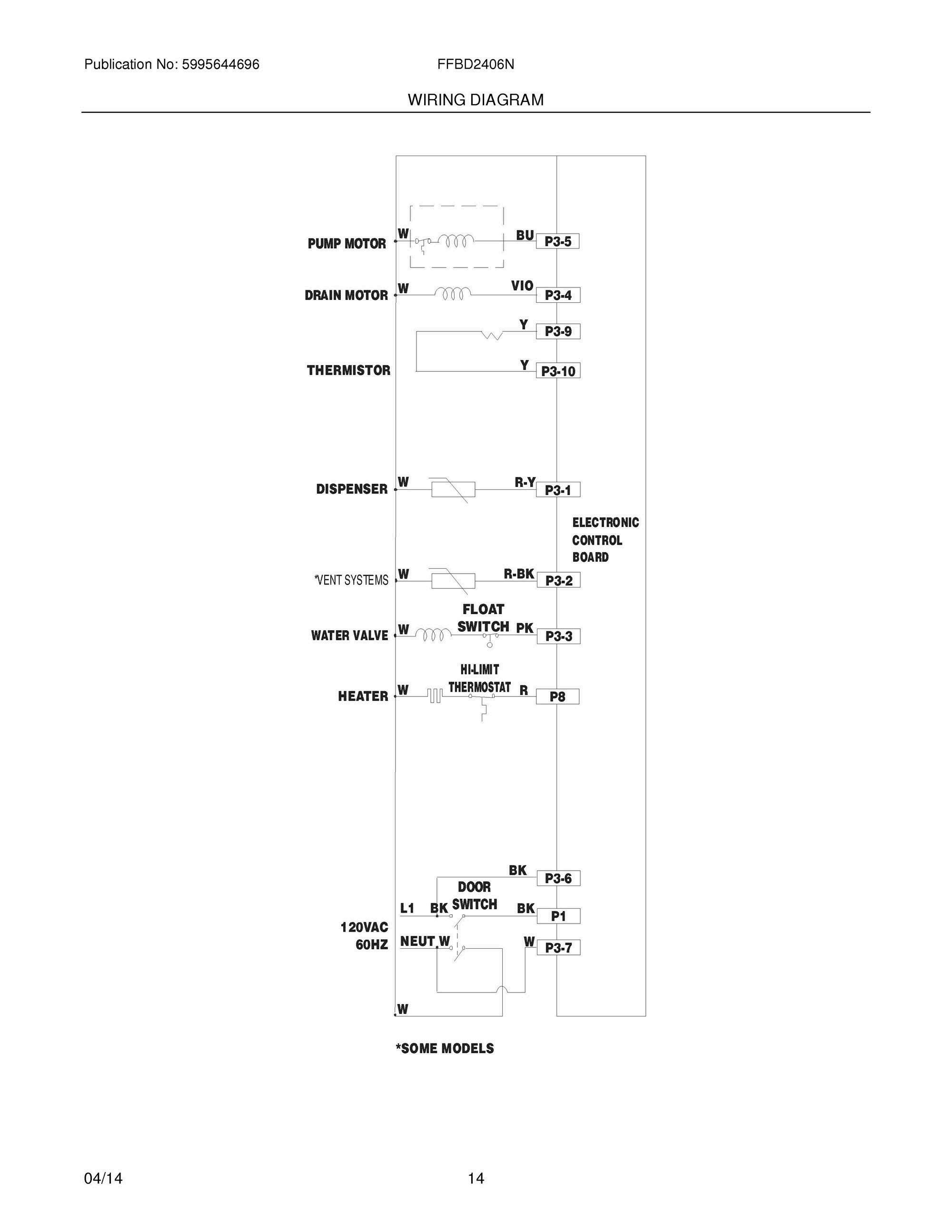 14 - WIRING DIAGRAM Diagram and Parts List for FFBD2406NB1A  Frigidaire Dishwasher