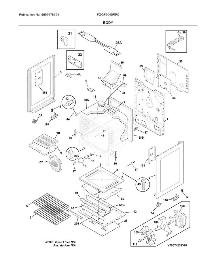 Body Diagram and Parts List for FGGF3045RFC  Frigidaire Range