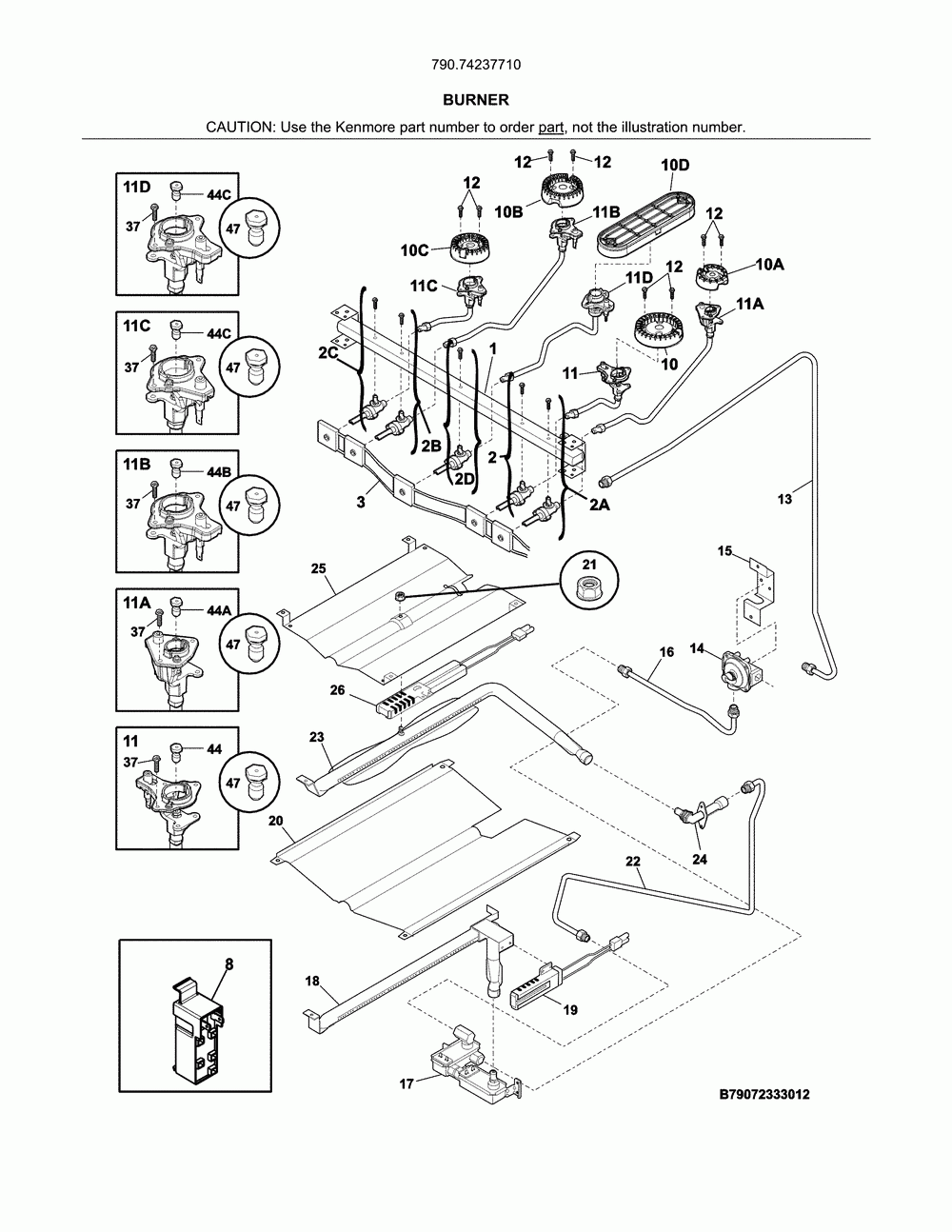 Burner Diagram and Parts List for 79074237710  Kenmore Range