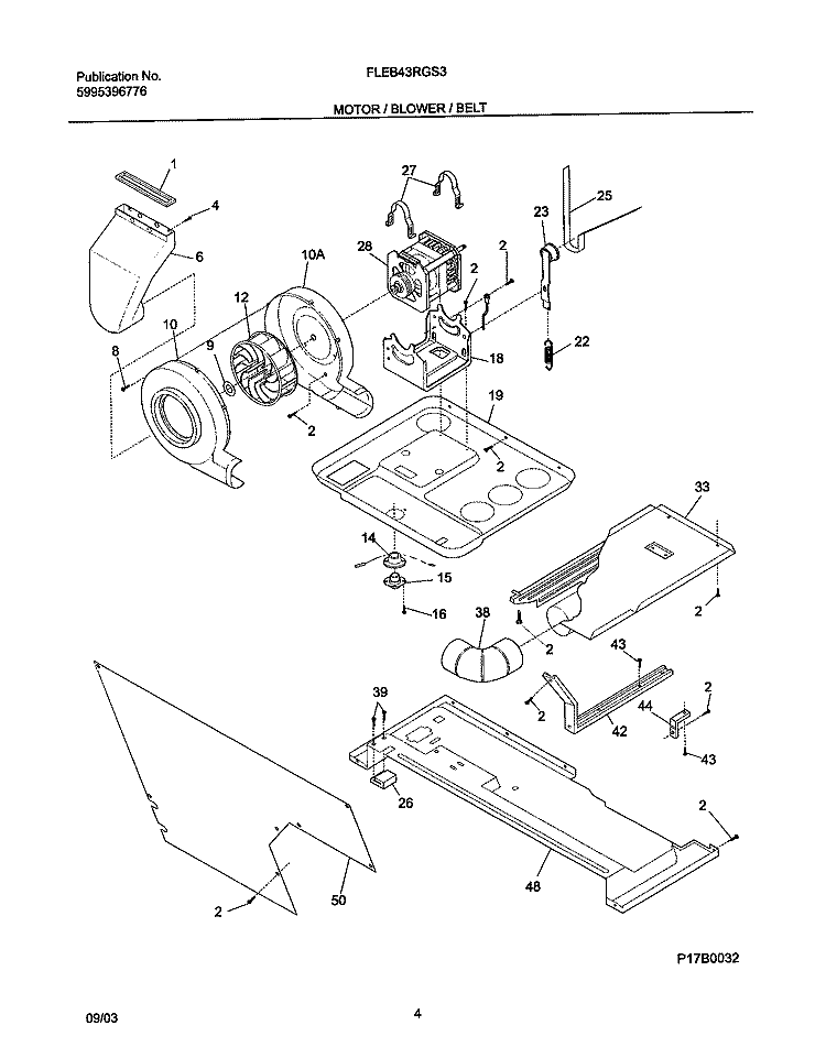 MOTOR / BLOWER / BELT Diagram and Parts List for FLEB43RGS3  Frigidaire Washer Dryer Combo