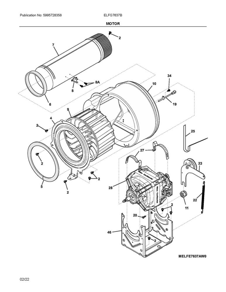 Motor Diagram and Parts List for ELFG7637BW0  Frigidaire Dryer